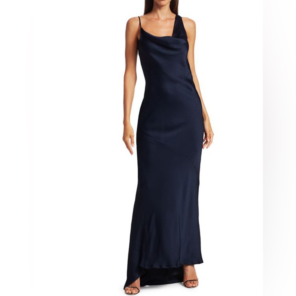 Halston Navy Satin Slip Gown Full Length Womens Sz 2 NEW